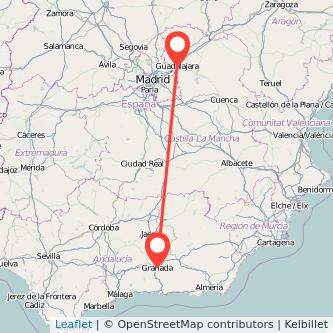 Mapa del viaje Granada Guadalajara en bus