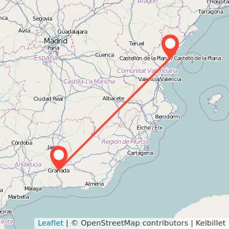 Mapa del viaje Castellón Granada en tren
