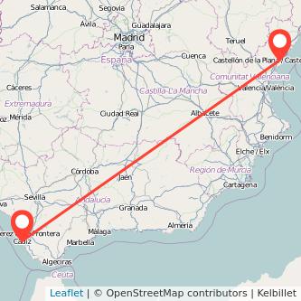 Mapa del viaje Castellón Cádiz en bus