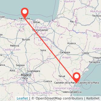 Mapa del viaje Castellón Santander en bus