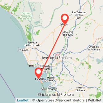 Mapa del viaje Cádiz Lebrija en tren