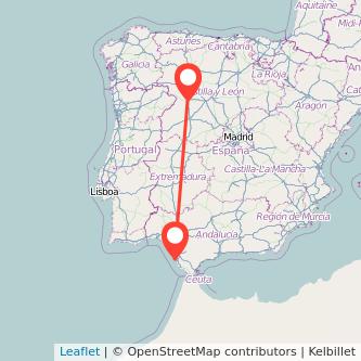 Mapa del viaje Cádiz Zamora en tren