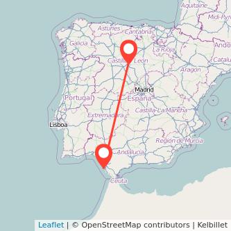 Mapa del viaje Cádiz Valladolid en tren