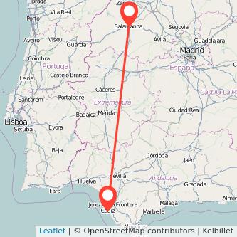Mapa del viaje Cádiz Salamanca en tren