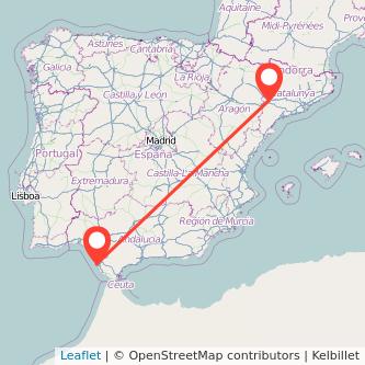 Mapa del viaje Cádiz Lérida en tren