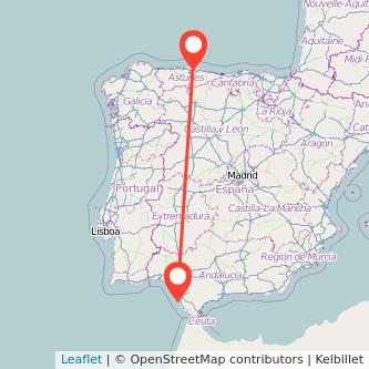 Mapa del viaje Cádiz Gijón en tren