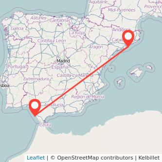 Mapa del viaje Cádiz Barcelona en bus