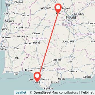 Mapa del viaje Cádiz Ávila en tren