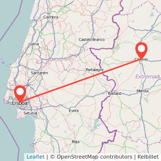 Mapa del viaje Cáceres Lisboa en tren