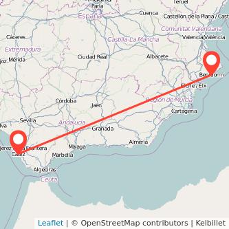 Mapa del viaje Benidorm Cádiz en bus
