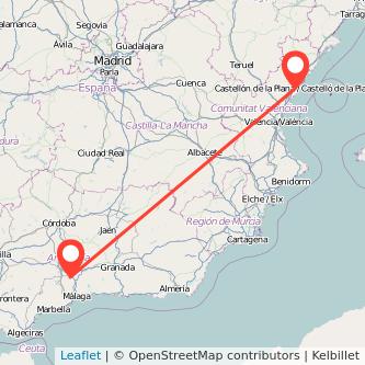 Mapa del viaje Antequera Castellón en tren