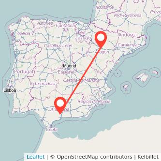 Mapa del viaje Antequera Zaragoza en tren