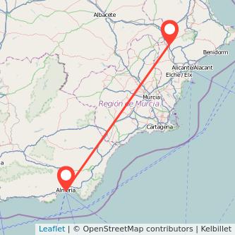 Mapa del viaje Almería Villena en tren