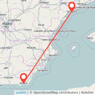 Mapa del viaje Almería Tarragona en tren
