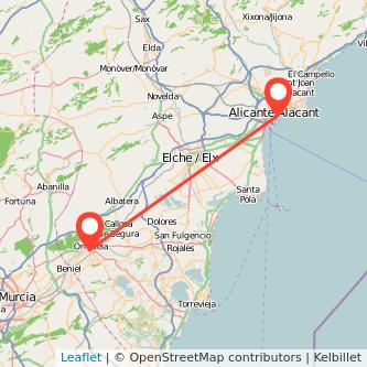 Mapa del viaje Alicante Orihuela en tren