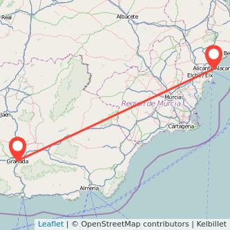 Mapa del viaje Alicante Granada en bus