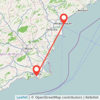 Mapa del viaje Alicante Cartagena en tren