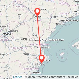 Mapa del viaje Alicante Zaragoza en tren