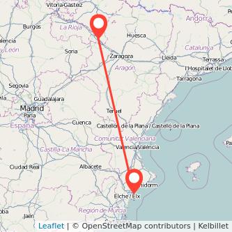 Mapa del viaje Alicante Tudela en bus