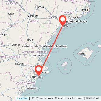 Mapa del viaje Alicante Tarragona en tren