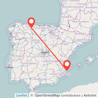 Mapa del viaje Alicante Pola de Lena en tren
