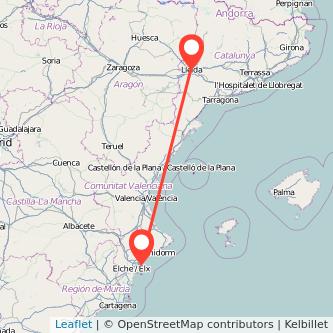 Mapa del viaje Alicante Lérida en tren