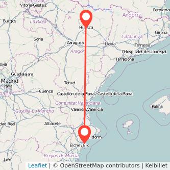 Mapa del viaje Alicante Huesca en tren