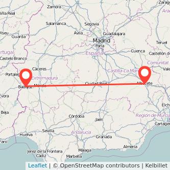 Mapa del viaje Albacete Badajoz en tren