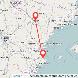 Mapa del viaje Zaragoza Gandia en bus