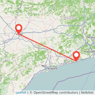 Mapa del viaje Vilanova i la Geltrú Lérida en tren