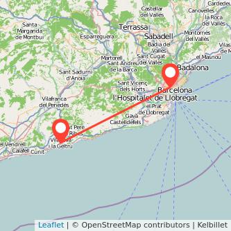 Mapa del viaje Vilanova i la Geltrú Barcelona en tren