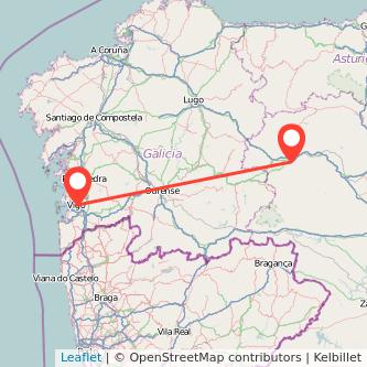 Mapa del viaje Vigo Ponferrada en tren