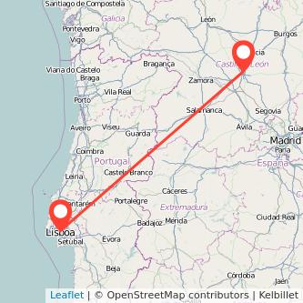 Mapa del viaje Valladolid Lisboa en tren
