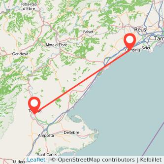 Mapa del viaje Tortosa Cambrils en tren