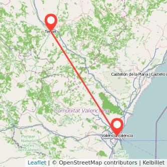 Mapa del viaje Teruel Valencia en tren