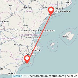 Mapa del viaje Tarragona Cartagena en tren