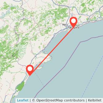 Mapa del viaje Tarragona Vinaròs en tren