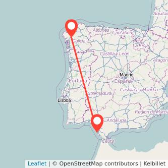 Mapa del viaje Santiago de Compostela Cádiz en tren