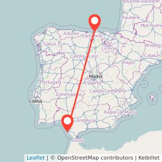 Mapa del viaje Santander Cádiz en tren