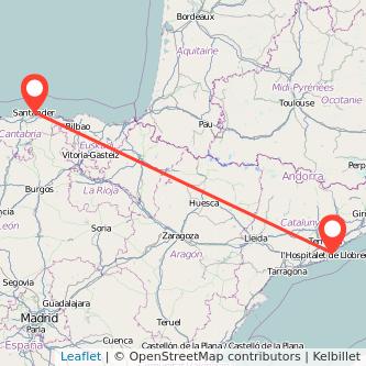 Mapa del viaje Santander Barcelona en tren