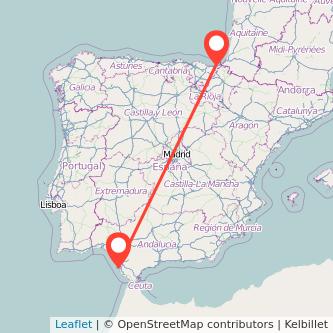 Mapa del viaje San Sebastián Cádiz en bus