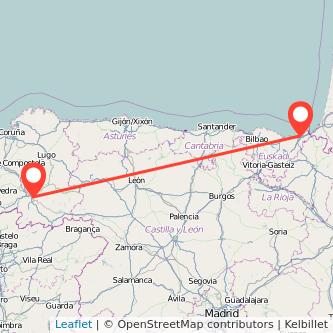 Mapa del viaje San Sebastián Ourense en tren