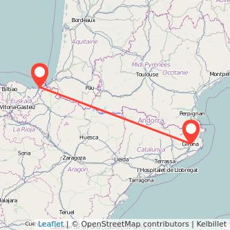 Mapa del viaje San Sebastián Girona en tren