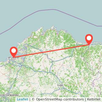 Mapa del viaje Ribadeo A Coruña en bus