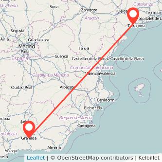 Mapa del viaje Reus Granada en tren