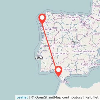 Mapa del viaje Pontevedra Cádiz en tren