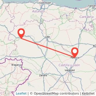 Mapa del viaje Ponferrada Palencia en tren