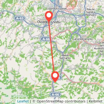 Mapa del viaje Pola de Lena Oviedo en tren