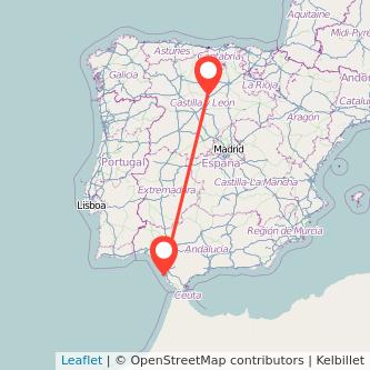 Mapa del viaje Palencia Cádiz en tren