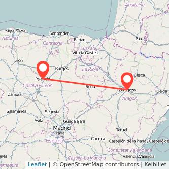 Mapa del viaje Palencia Zaragoza en tren